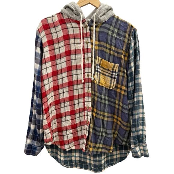 AMERICAN EAGLE Plaid Flannel Shirt Jacket Men Size Small Hoodie Patchwork Camp - Picture 1 of 6